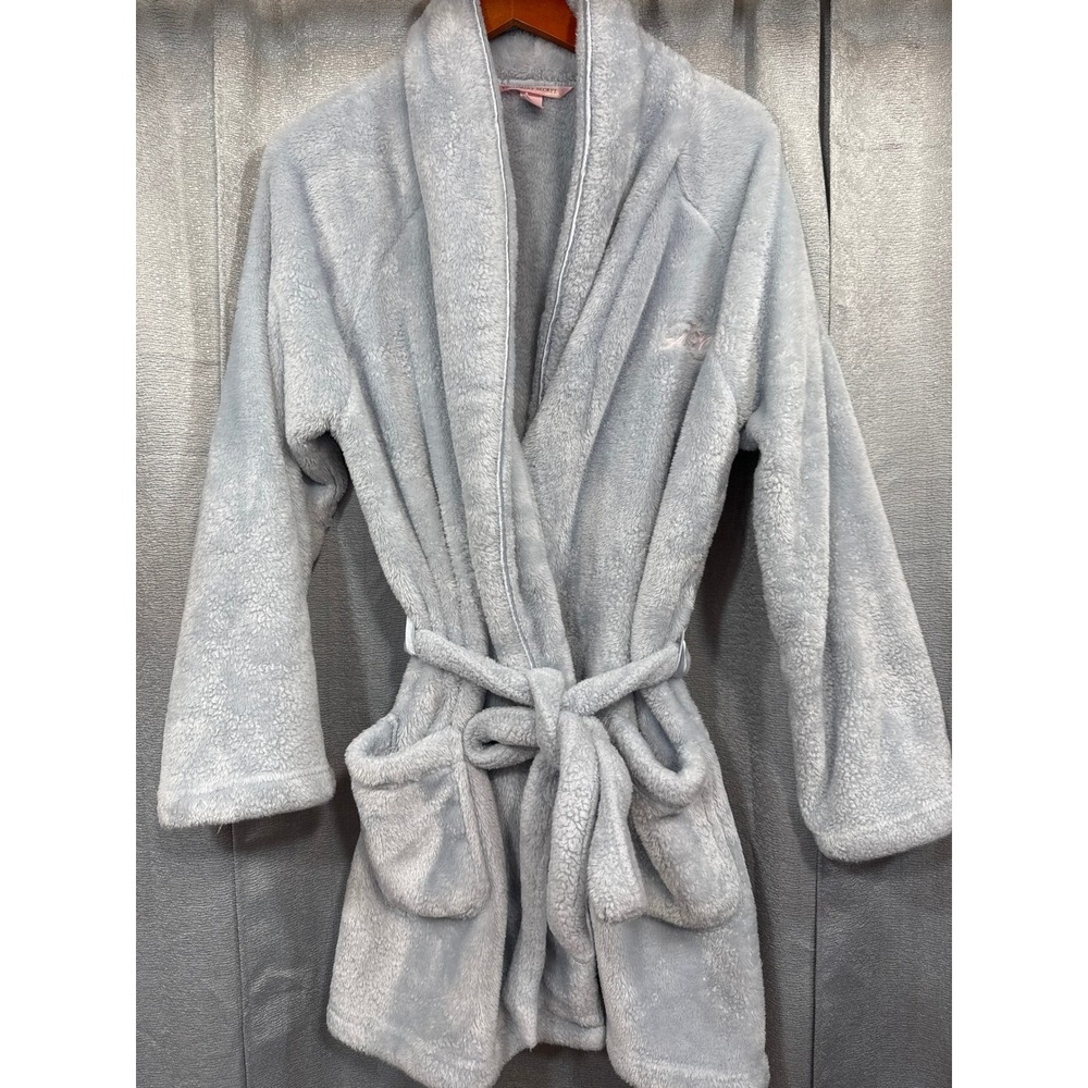 Victorias Secret Light Blue Plush Fleece Short Robe Love Embroidered ML